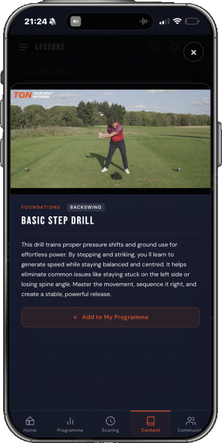 The TGN app drill screen showing a video drill with focus points and comfort scoring