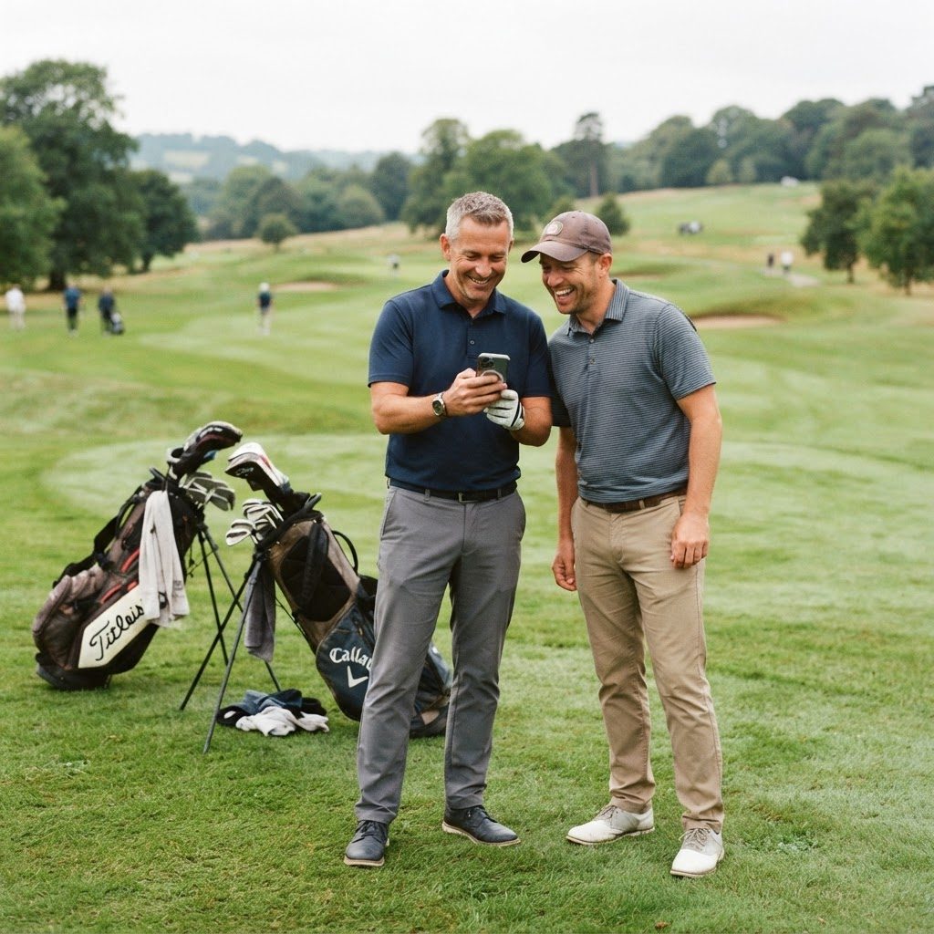 Two golfers laughing while looking at the app together on the course